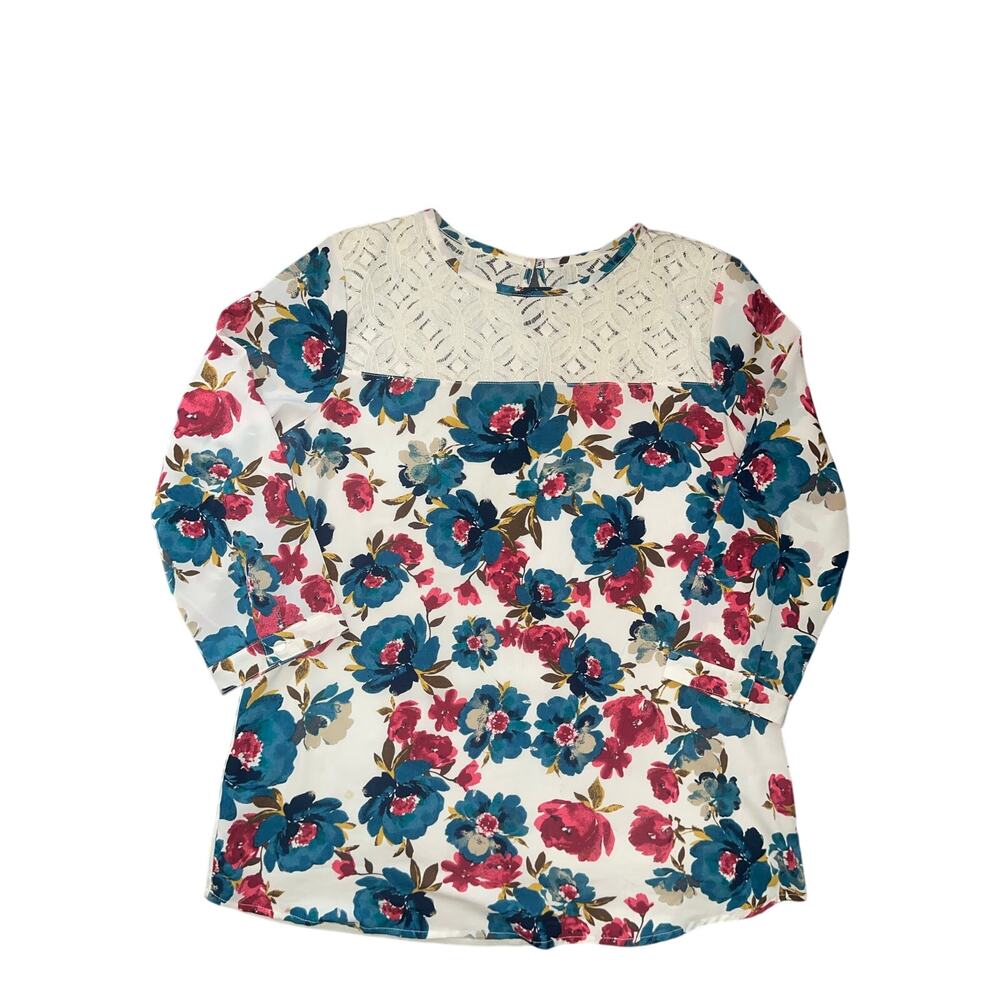 Van Heusen 3/4 Sleeve Lace Floral Blouse SZ M Boho Artsy Botanical Chic